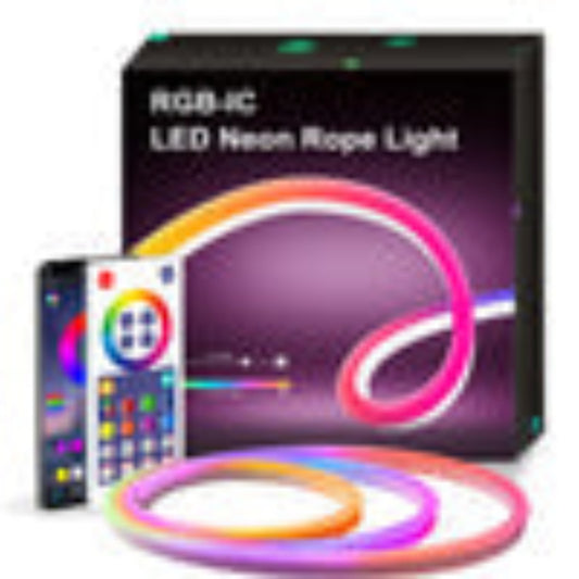 RGB-IC LED neon light strip with smartphone app and packaging on a white background