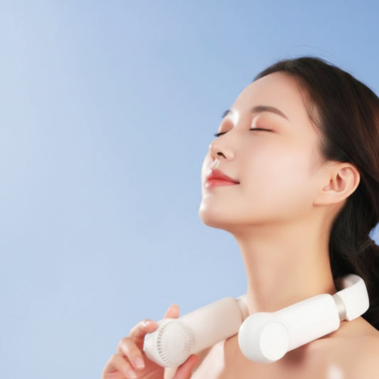 Woman using a white neck device with ETC cooling chip and air boost technology on a blue background