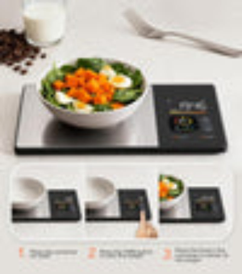 Digital kitchen scale with a bowl of salad on a white surface, showing weight measurement.